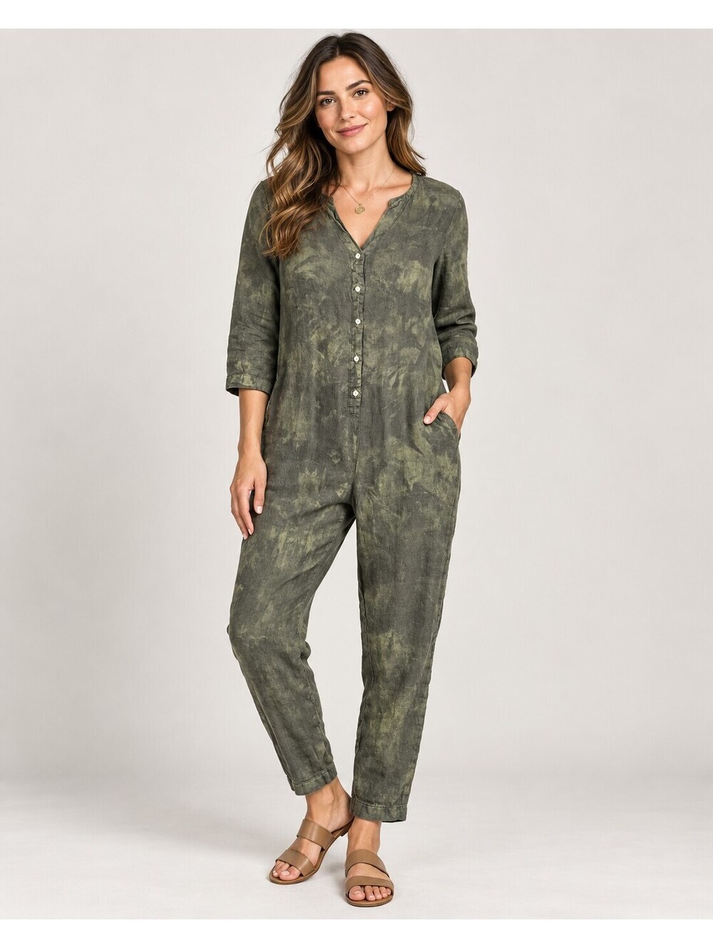 Camo Linen Jumpsuit Womens Size Medium Olive Green V-Neck Pockets Romper
